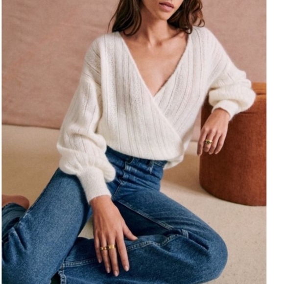 SÉZANE Cristina Cream Mohair Wool Crossover V Neck Crossover  Pointelle Sweater - Picture 2 of 16